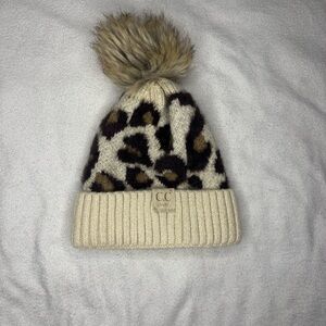 CC Baby Leopard Knit Pom Beanie in Cream and Brown